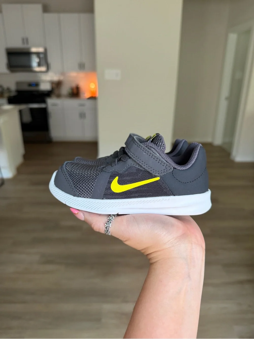 Nike Kids Dark Gray and Yellow Velcro Runner